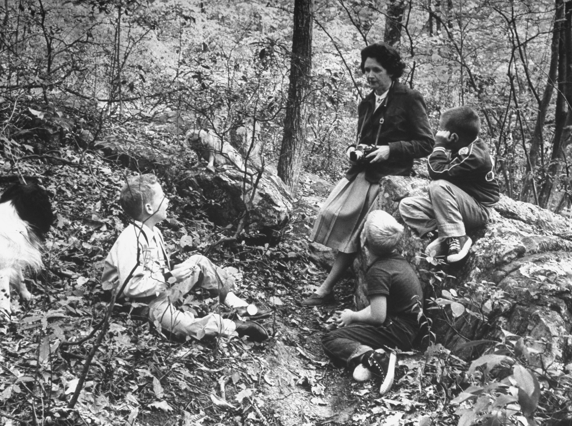 Image of Rachel Carson talking with children in the woods by her home.