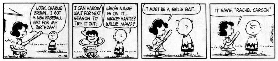 Image of a Peanuts cartoon strip that portrays Carson as a role model for girls.