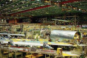 Photo of the factory floor of Boeing Aerospace Company