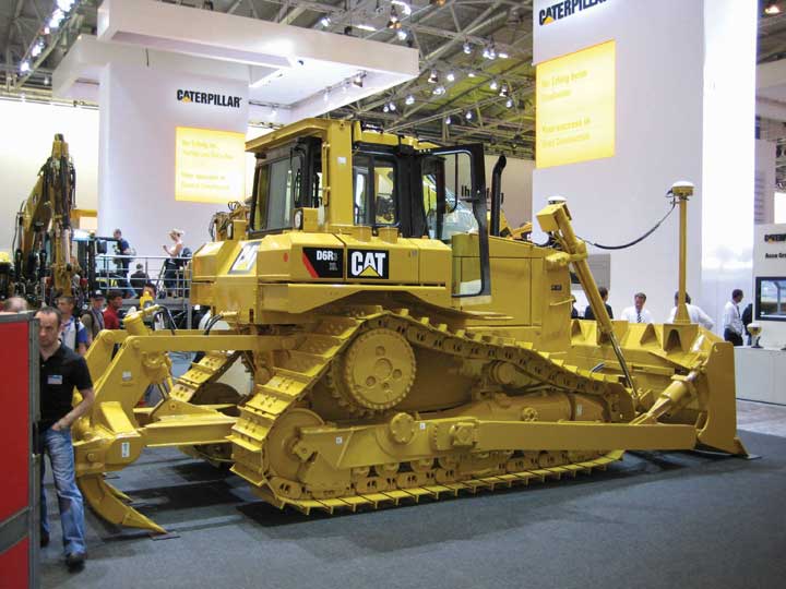 Photo of a Caterpillar tractor in a showroom