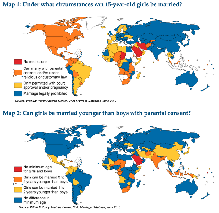 Two maps: countries that allow 15-year-old girls to marry in certain circumstances, and parental consent for girls vs. boys 