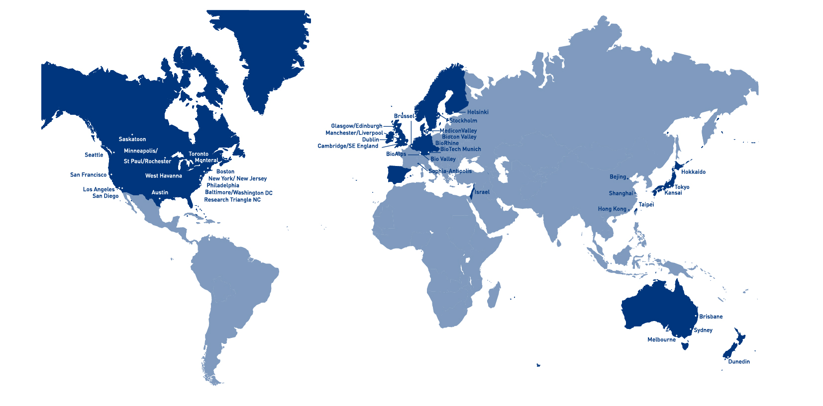 Image of the globe that is skewed to showcase countries that invest in research and biotech 