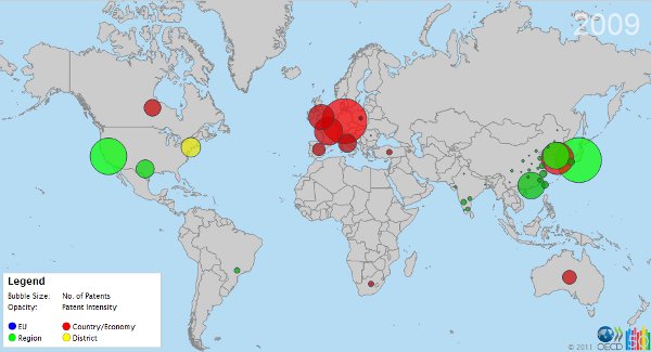 Image of the globe that shows a concentration of patents in the United States, Europe, and southeast Asia