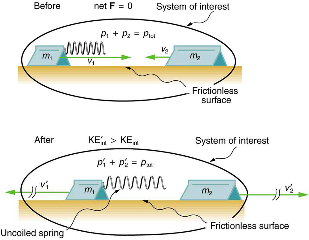 An uncoiled spring is connected to a glider with triangular cross sectional area of mass m 1 which moves with velocity v 1 toward the right. Another solid glider of mass m 2 and triangular cross sectional area moves toward the left with velocity V 2 on a frictionless surface. The total momentum is the sum of their individual momentum p 1 and p 2. After collision m 1 moves to the left with velocity V 1 prime and momentum p 1prime. M 2 moves to the right with velocity V 2 prime. Their individual momentum becomes p 1prime and p 2 prime but the total momentum remains the same. The internal kinetic energy after collision is greater than the kinetic energy before collision.