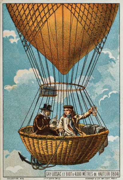 Image of Gay-Lussac flying in the first hydrogen-filled balloon in 1783.