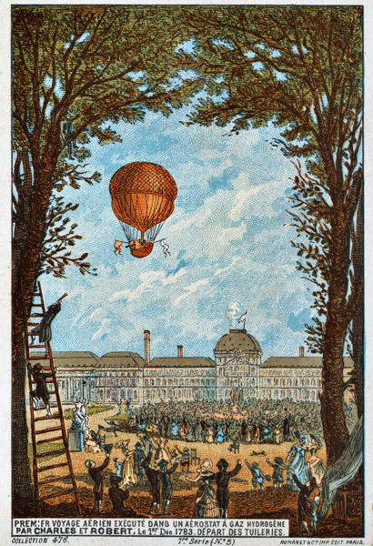 Image of the first manned hot-air balloon flight in 1783.