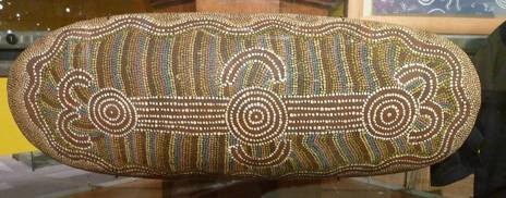 Australian aboriginal softwood coolamon with acrylic paint design