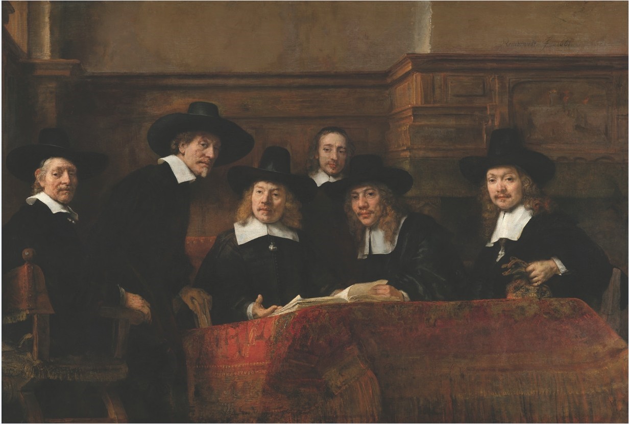 Painting: The Syndics of the Amsterdam Drapers' Guild, known as the "Sampling Officials" (Artist: Rembrandt)