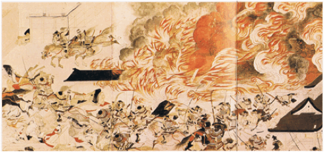 'The Burning of the Sanjo Palace', detail from the Heiji monogatori scrolls. Ink and colors on paper, 13th century. The Museum of Fine Arts, Boston