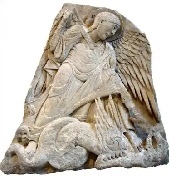 Adrian Fletcher, 'Saint Michael and the Dragon', stone bas-relief with traces of polychrome. Early Christian period. The Louvre, Paris, France