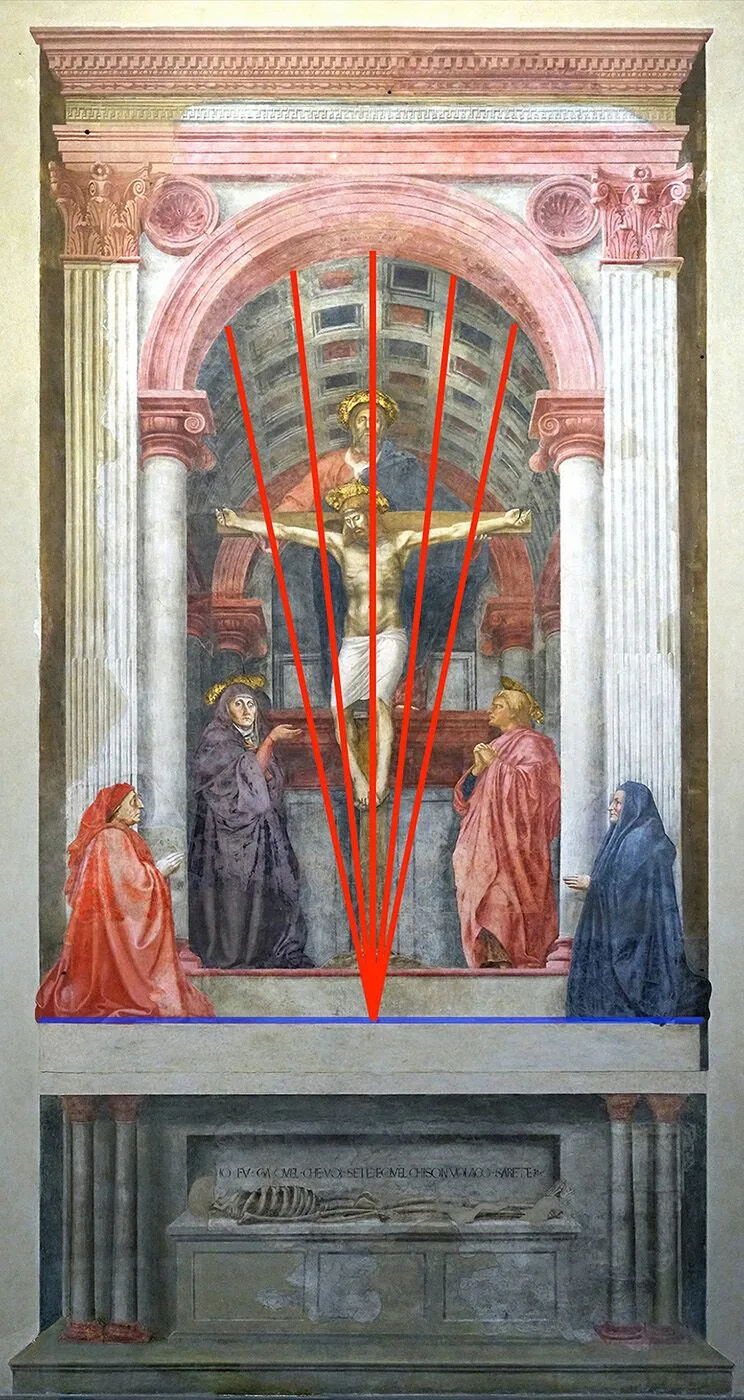 Painting of Jesus on the Cross with annotations that point out God, Mary, John, a dove as the holy spirit, and the patrons.