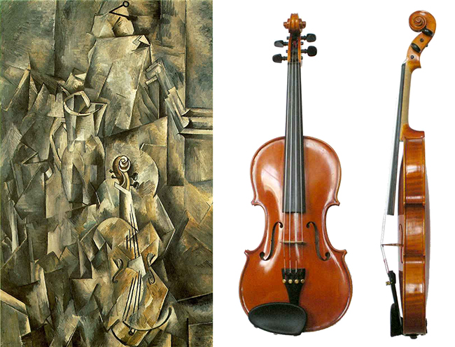 Left: Georges Braque, Pitcher and Violin, 1909–10, oil on canvas, 116.8 x 73.2 cm (Kunstmuseum Basel, Switzerland); Right: a 