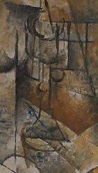 Georges Braque, Still Life with Clarinet (Bottle and Clarinet), detail of glass in upper right quadrant 1911, oil on canvas, 