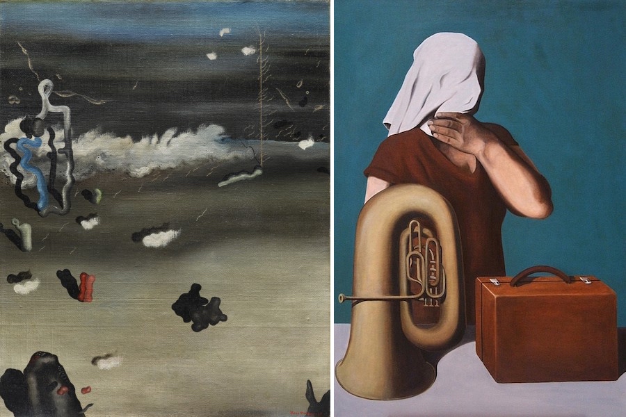 Left: Yves Tanguy, Apparitions, 1927, oil on canvas, 92.07 x 73.02 cm (Dallas Museum of Art); right: René Magritte, The Centr