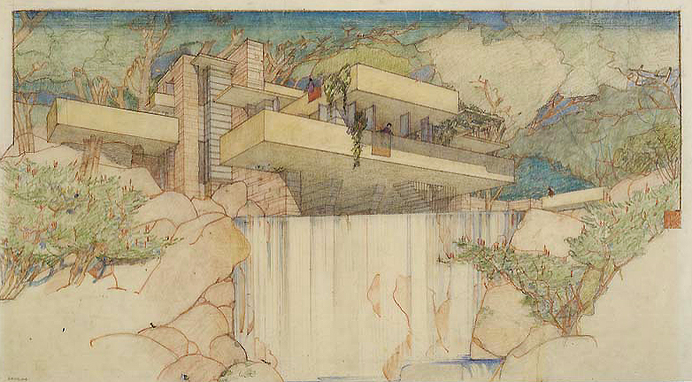 Frank Lloyd Wright, Fallingwater (Edgar J. Kaufmann House), Mill Run, Pennsylvania, 1935, Color pencil on tracing paper, 15-3