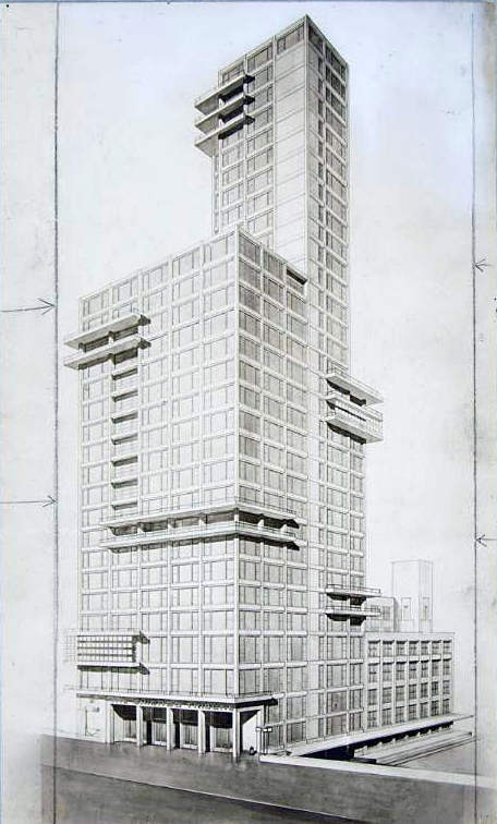 Walter Gropius and Adolf Meyer, competition entry for the Chicago Tribune Tower, 1922, perspective drawing, 22.5 x 13.3cm, ge