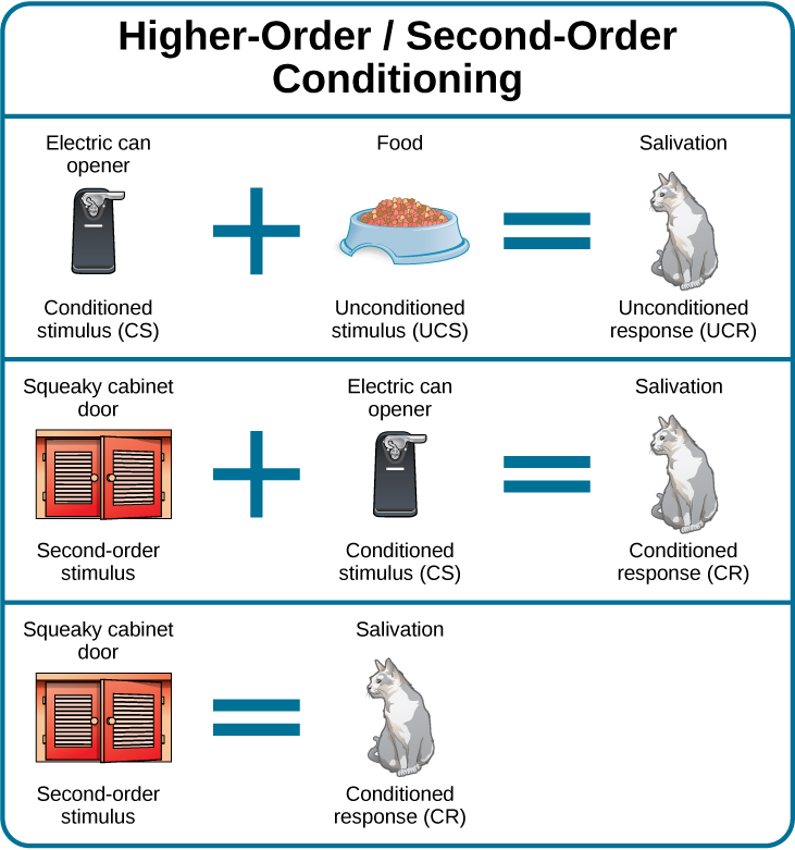 A diagram is labeled "Higher-Order / Second-Order Conditioning" and has three rows. The first row shows an electric can opene