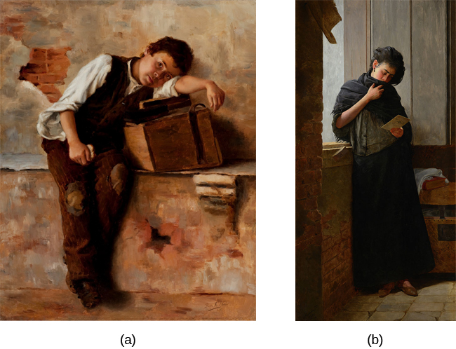 Photograph A shows a painting of a person leaning against a ledge, slumped sideways over a box. Photograph B shows a painting