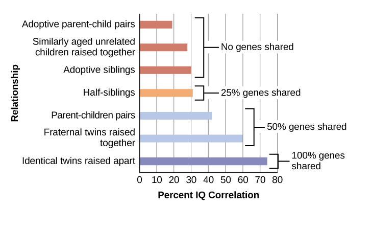 A chart shows correlations of IQs for people of varying relationships. The bottom is labeled "Percent IQ Correlation" and the