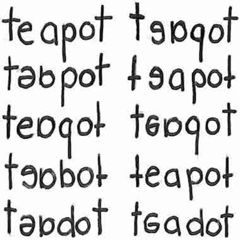 Two columns and five rows all containing the word "teapot" are shown. "Teapot" is written ten times with the letters jumbled,