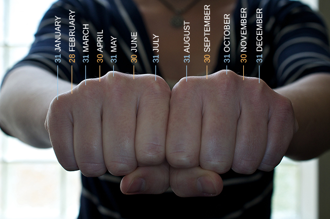 A photograph shows a person's two hands clenched into fists so the knuckles show. The knuckles are labeled with the months an