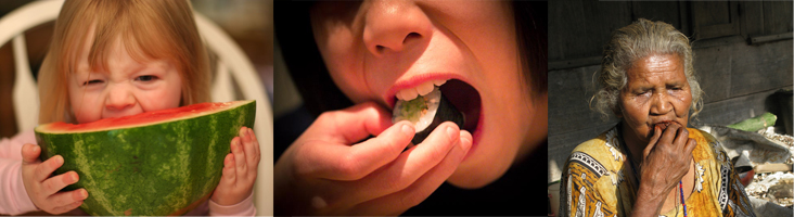 Photograph "left" shows a child eating watermelon. Photograph "center" shows a young person eating sushi. Photograph "right" 