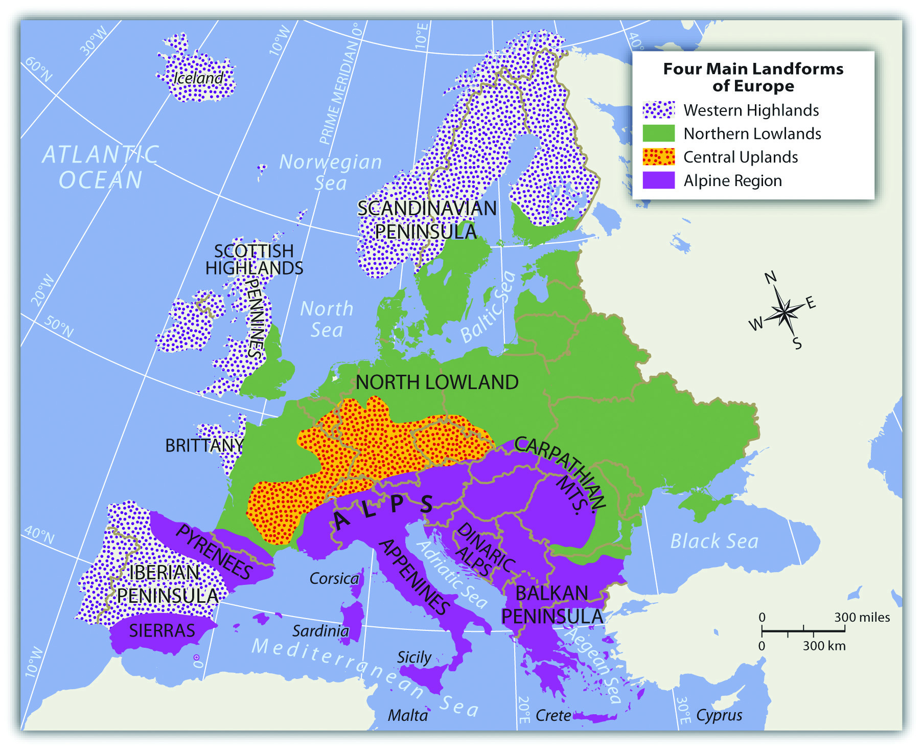 Four Main Landforms of Europe: Western Highlands, Northern Lowlands, Central Uplands, and the Alpine Region.