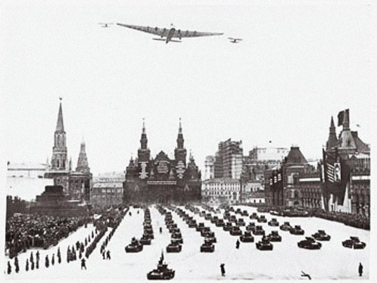 The Maxim Gorky flies over Red Square in Moscow. Image courtesy of Von Hardesty/National Air and Space Museum (NASM), Smithso