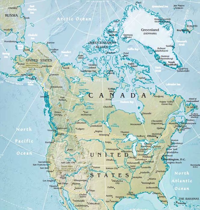 Map of the physical geography of North America with countries and major cities labeled