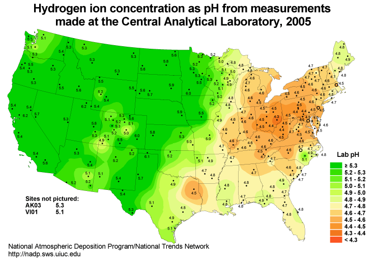 Map of acid rain severity across the united states