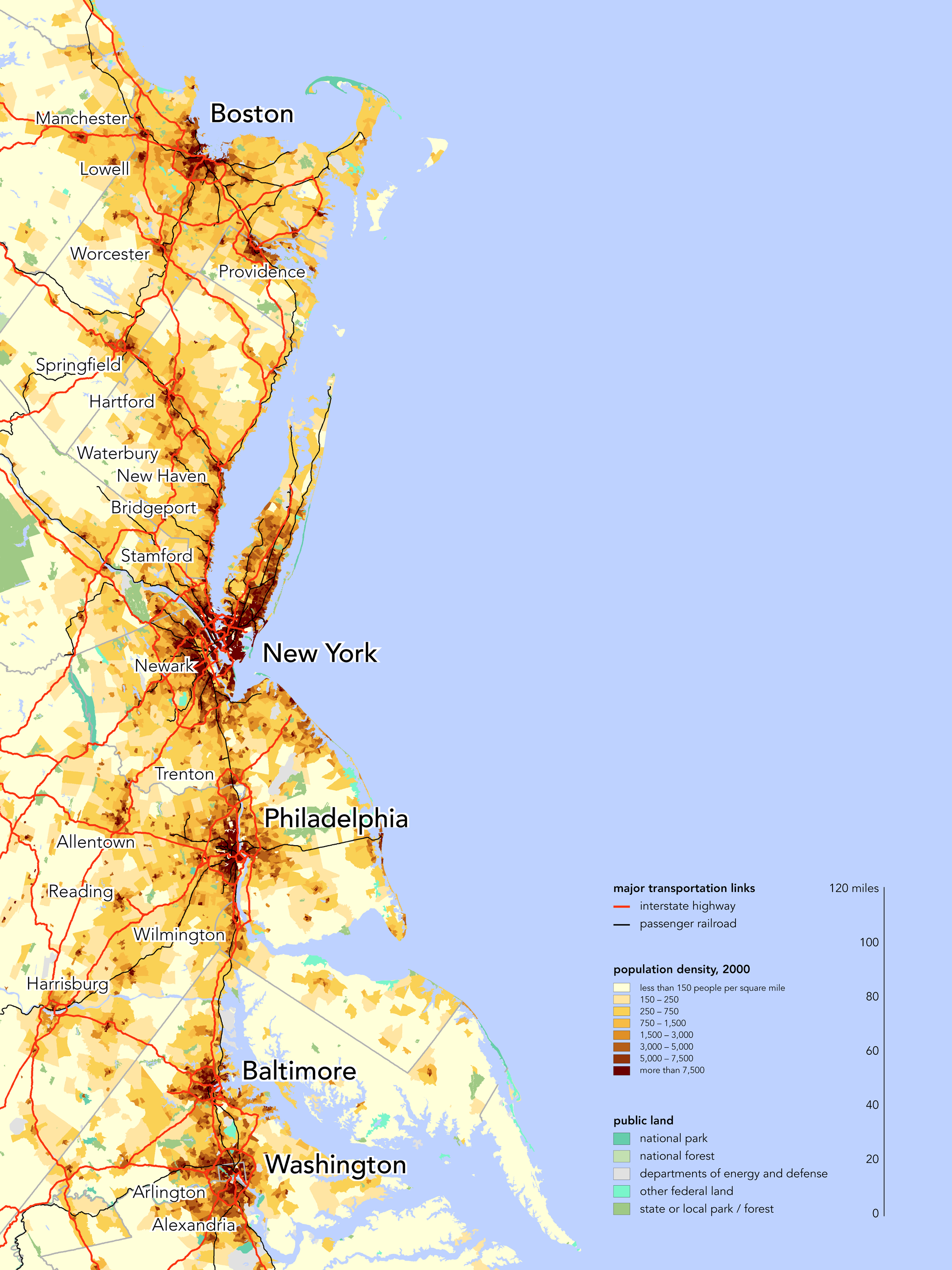 Map of the Northeast US Megalopolis, stretching from Washington, DC north to Boston