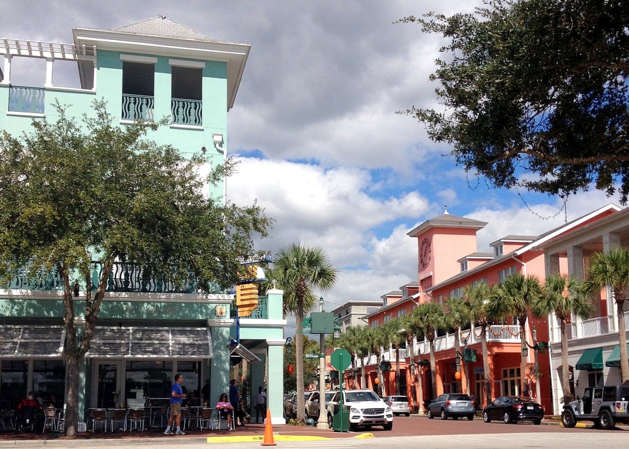 Bright buildings and picturesque walkways along Market Street in Celebration, Florida