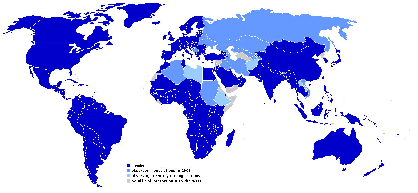 Map of World Trade Organization member and observer states across the world