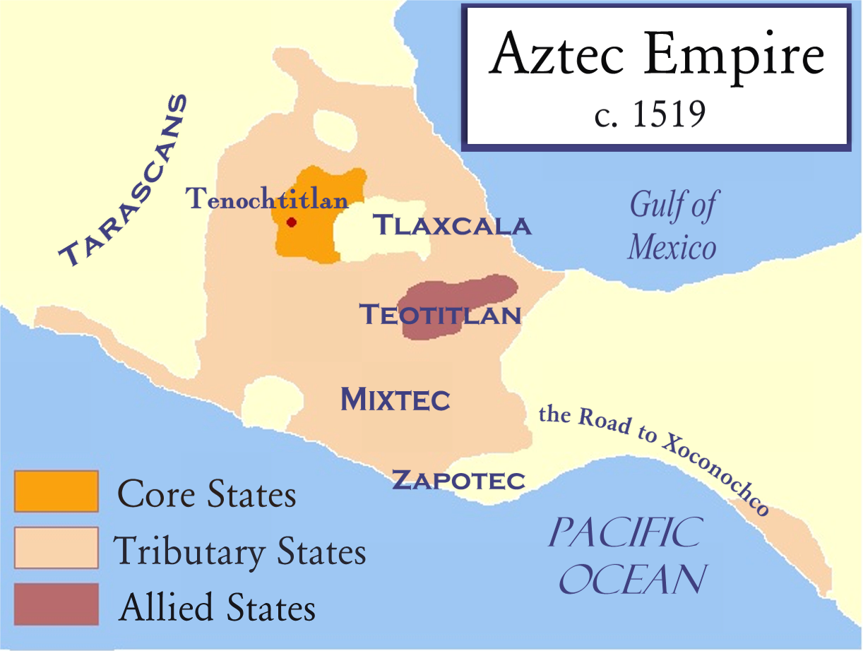 Map of the Aztec empire core, tributary, and allied states circa 1519