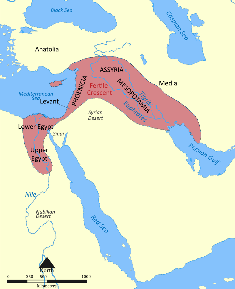 Map displaying the location of the Fertile Crescent, located in modern-day Iraq, Israel, Palestinian Territories, Syria, Leba