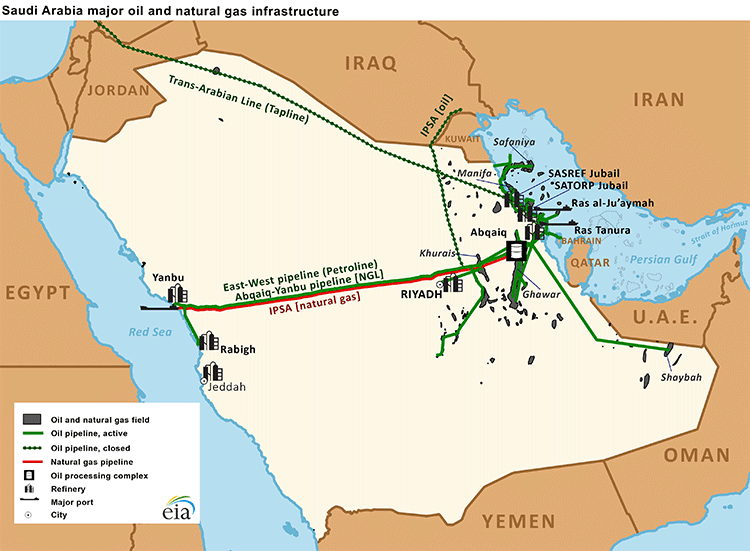 Saudi Arabia's Major Oil and Gas Infrastructure (U.S. Energy Information Administration, 2014. Public Domain)