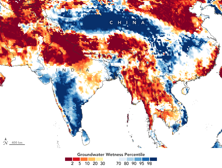 Shallow Groundwater Storage in Southern Asia on March 15, 2021, as measured by GRACE-FO. (NASA Earth Observatory, 