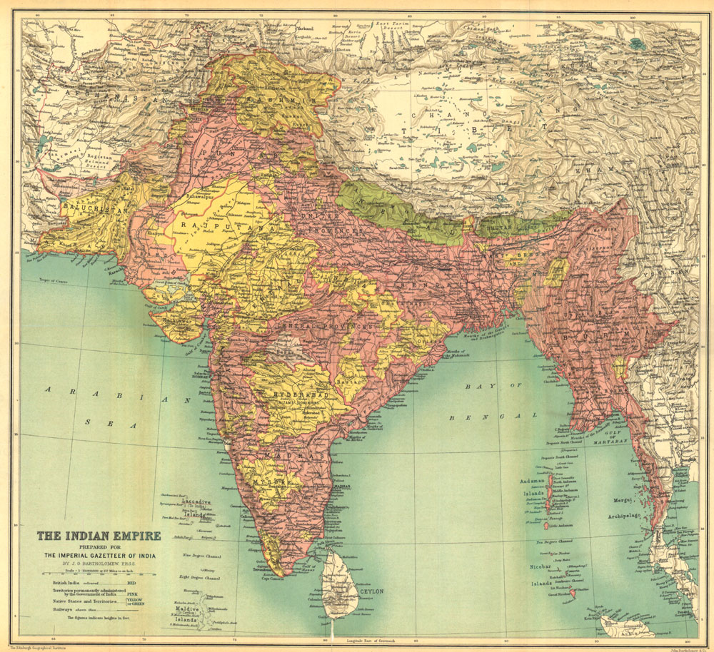 Britain's Indian Empire in 1909. (J.G. Bartholemew, The Imperial Gazetteer of India, 1907–1909. Public Domain)