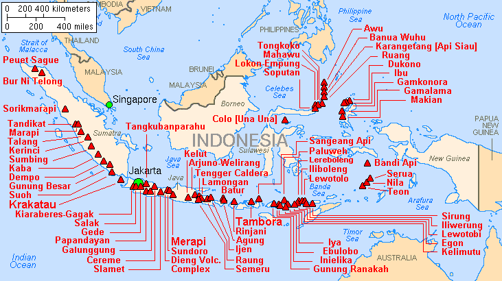 Figure 9.10 Indonesia's Volcanoes (Lyn Topinka, USGS Base map from U.S. Central Intelligence Agency, 1997 Volcanoes from Simk