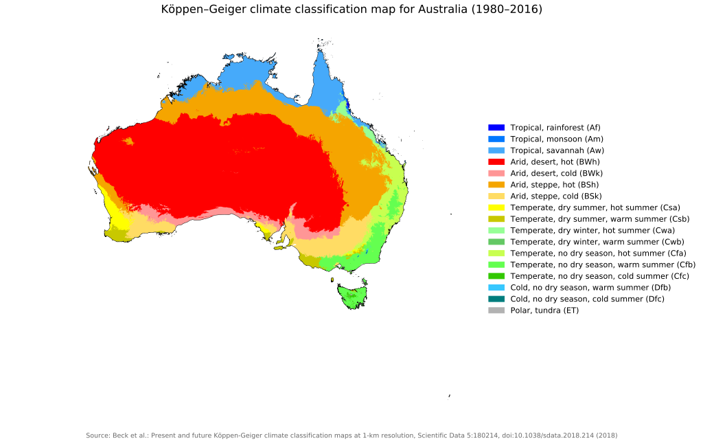 Figure 10.1 Australia's Climate (Beck, H.E., Zimmermann, N. E., McVicar, T. R., Vergopolan, N., Berg, A., & Wood, E. F. 2018.