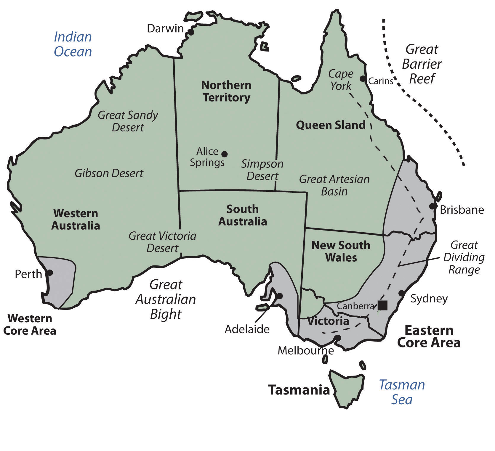 Figure 10.21 Australia's Core Areas (University of Minnesota Libraries Publishing, 2012. CC BY-NC-SA 4.0)