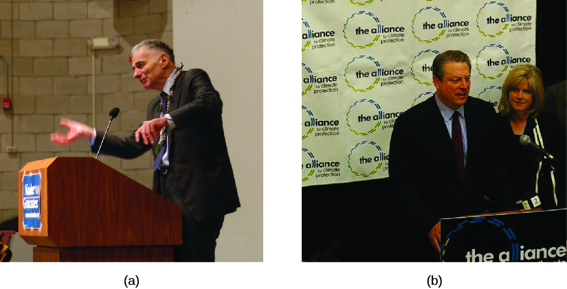 Image A is of Ralph Nader standing behind a podium. Image B is of Al Gore standing behind a podium.