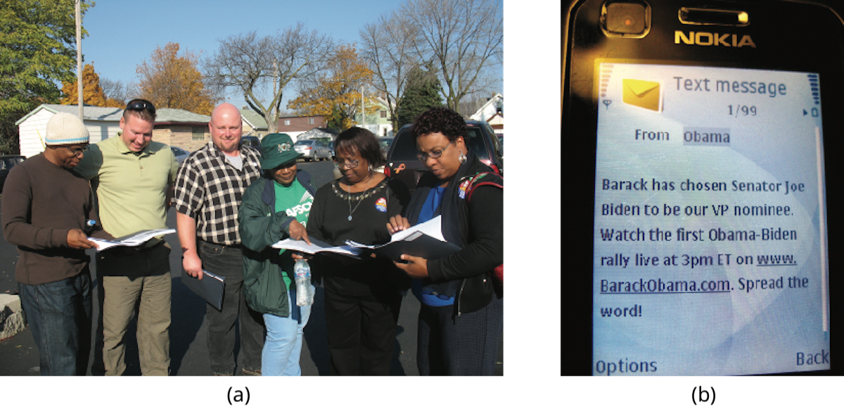 Image A is of a group of people standing and holding binders. Image B is a screenshot of a cell phone screen. The screen read