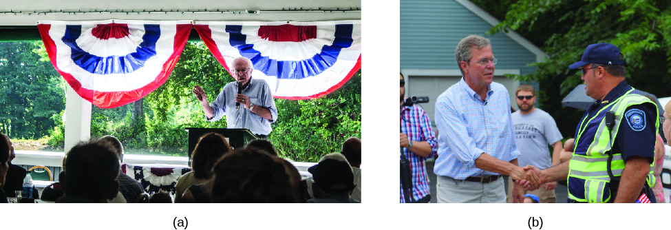 Image A is of Bernie Sanders speaking to a group of seated people. Image B is of John Ellis "Jeb" Bush shaking hands with ano