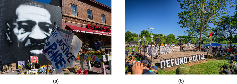 Image A shows a mural painting of George Floyd outside the market where he died among flowers and signs in a makeshift memori