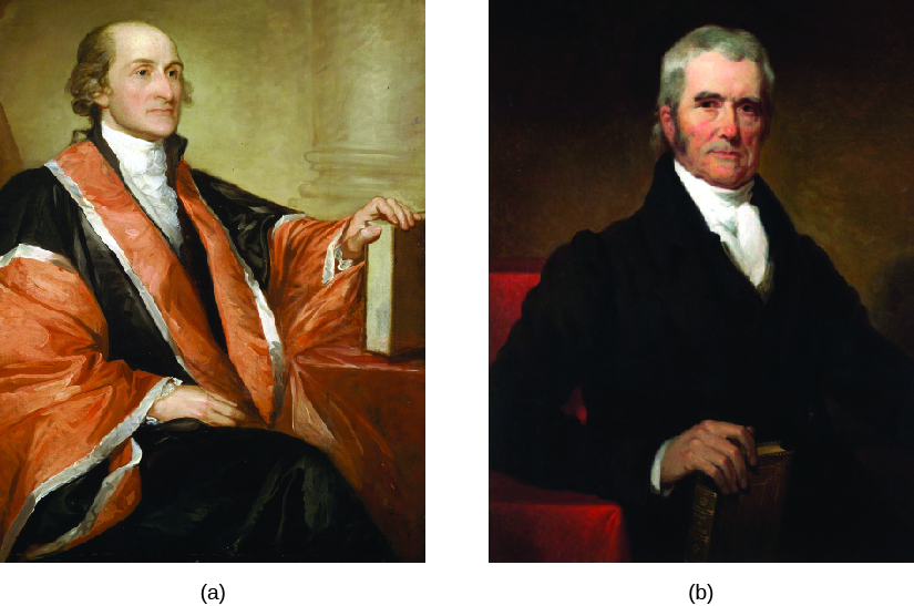 Image A is of Justice John Jay. John is seated with his left hand on a book. Image B is of Justice John Marshall. John is sta