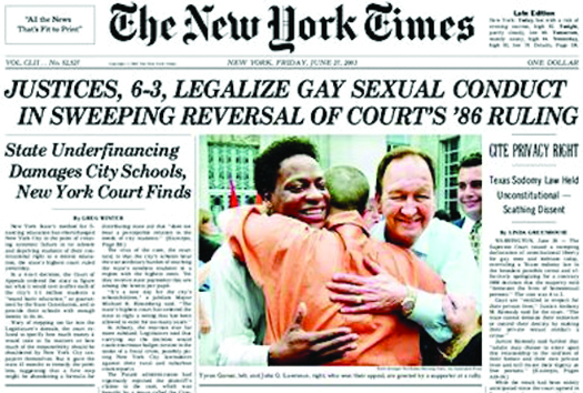 An image of the front page of the New York Times newspaper. The top headline reads "Justices, 6-3, Legalize Gay Sexual Conduc