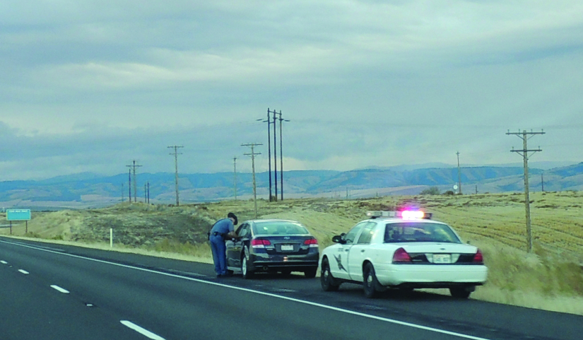 A photo of two cars on the side of a paved road. One car is a police car and has flashing lights on top. In front of the poli