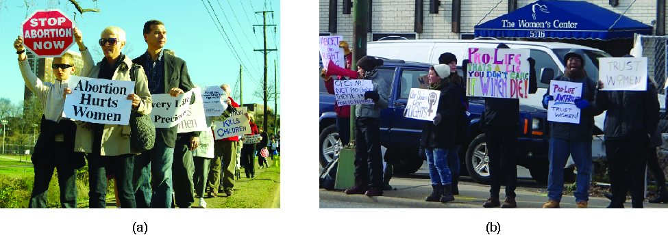 Photo A shows a group of people in a line holding signs. The signs that are visible read "Stop abortion now" and "Abortion hu