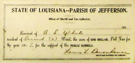 An image of a receipt. The receipt reads "State of Louisiana - Parish of Jefferson. Office of Sherriff and Tax Collector. Rec